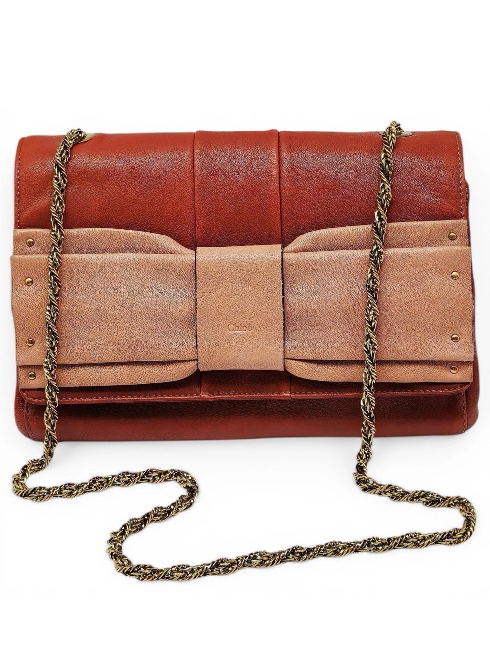 Chloe Two-Tone Brown and Tan Leather Crossbody Bag with Chain Strap